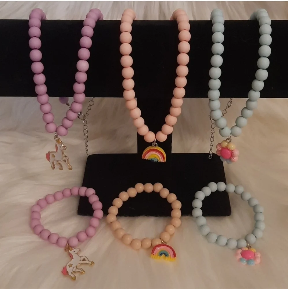 Kids Jewelry 2pcs/set Flower Charm Sky Blue Beaded Necklace & Bracelet